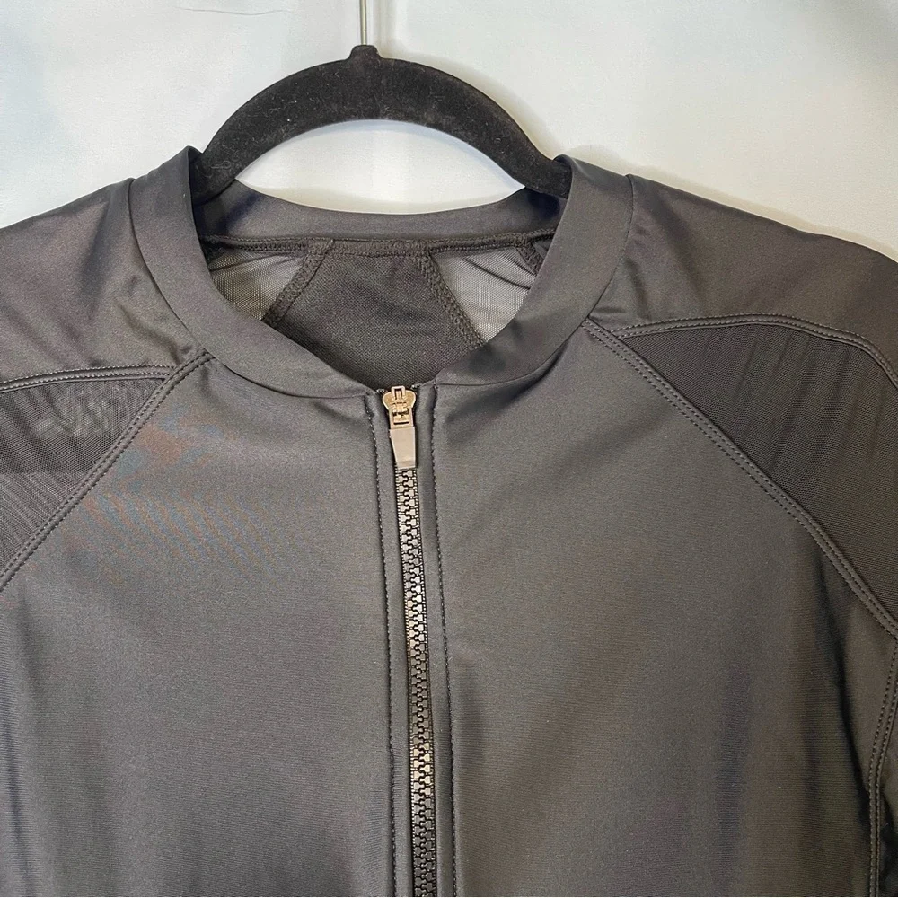 Two Piece Black Mesh Long Sleeve Zip Front Surf Rashguard Swimsuit  Black Large